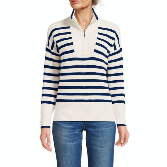 Lands' End Sweaters - Land's End Drifter Pull Over Sweater Navy White Stripe 1/4 Zip Cotton Women's S